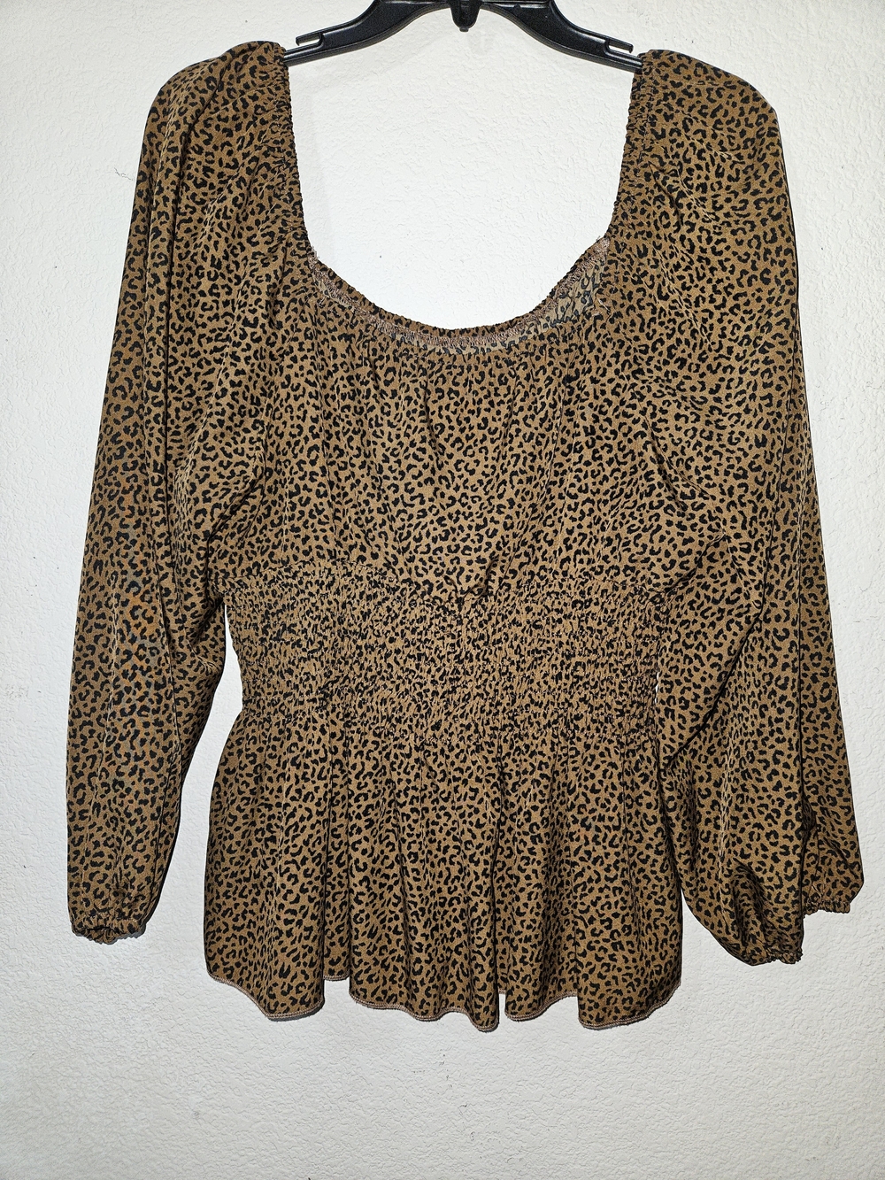 SHEIN Brown Leopard Smocked Peplum Blouse